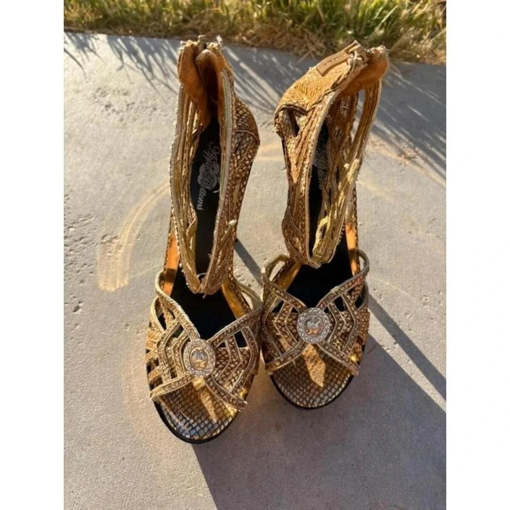 Y2K Baddie Apple Bottom Heels Gold Caged Stiletto Rhinestone Bling Size 8 1/2 - Picture 6 of 6